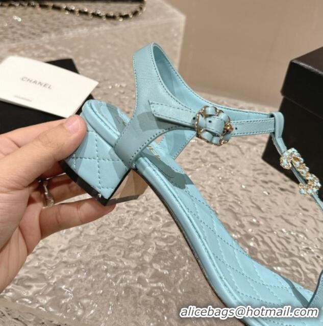 Best Price Chanel Lambskin Heel Thong Sandals 4.5cm with Chain CC and Crystals Light Blue 0322096