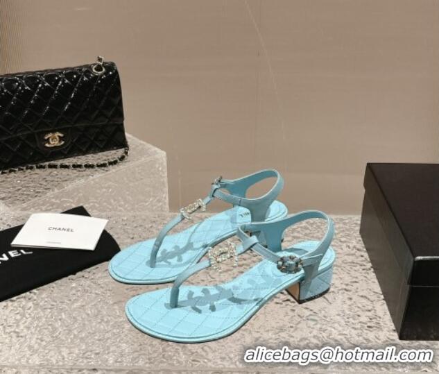 Best Price Chanel Lambskin Heel Thong Sandals 4.5cm with Chain CC and Crystals Light Blue 0322096