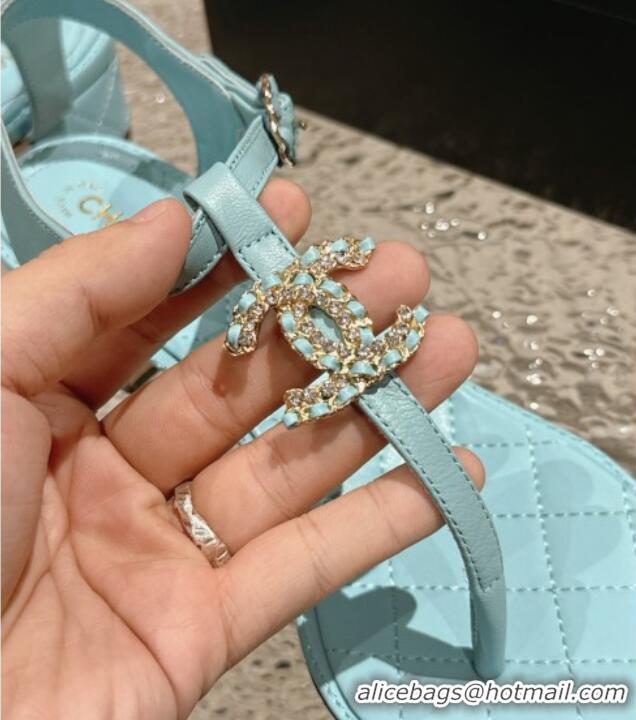 Best Price Chanel Lambskin Heel Thong Sandals 4.5cm with Chain CC and Crystals Light Blue 0322096