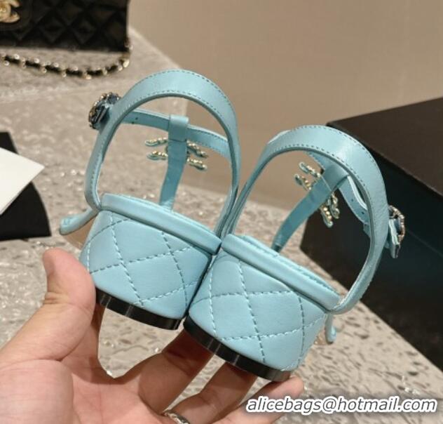 Best Price Chanel Lambskin Heel Thong Sandals 4.5cm with Chain CC and Crystals Light Blue 0322096