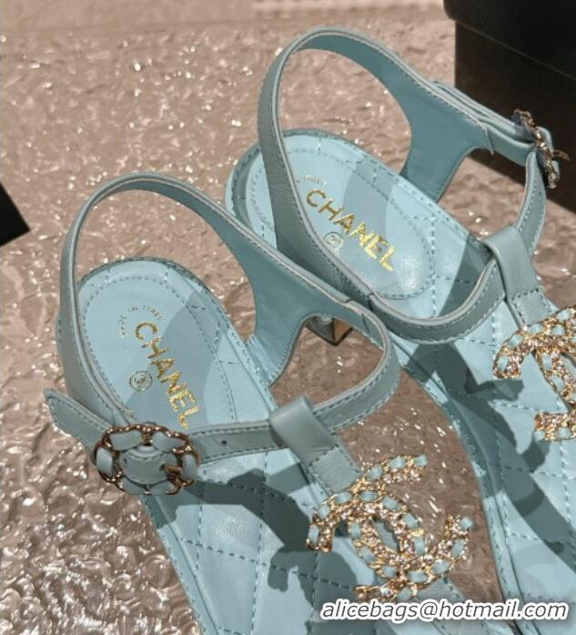 Best Price Chanel Lambskin Heel Thong Sandals 4.5cm with Chain CC and Crystals Light Blue 0322096