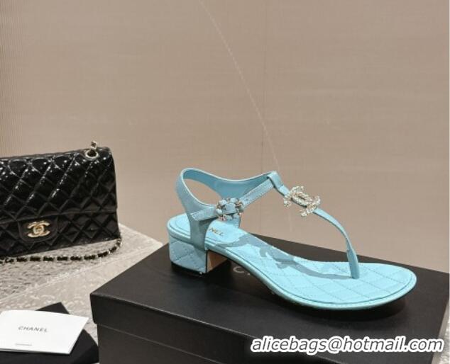 Best Price Chanel Lambskin Heel Thong Sandals 4.5cm with Chain CC and Crystals Light Blue 0322096