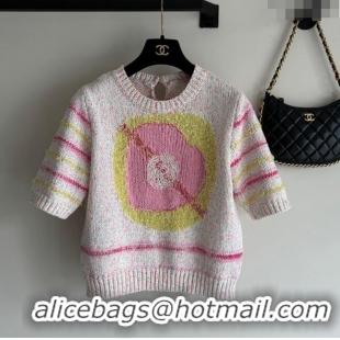 Affordable Price Chanel Knit Short-sleeved Sweater CH041908 Whtie/Pink 2024