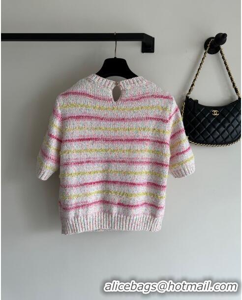 Affordable Price Chanel Knit Short-sleeved Sweater CH041908 Whtie/Pink 2024