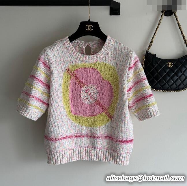 Affordable Price Chanel Knit Short-sleeved Sweater CH041908 Whtie/Pink 2024