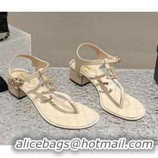 Buy Luxury Chanel Lambskin Heel Thong Sandals 4.5cm with Chain CC and Crystals Beige 322097