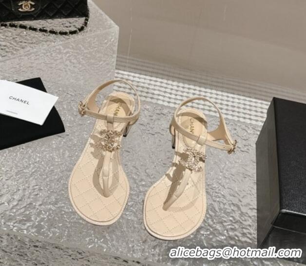 Buy Luxury Chanel Lambskin Heel Thong Sandals 4.5cm with Chain CC and Crystals Beige 322097