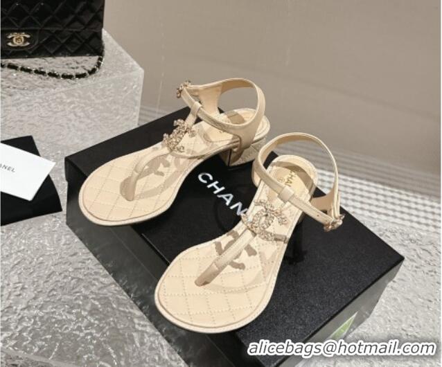 Buy Luxury Chanel Lambskin Heel Thong Sandals 4.5cm with Chain CC and Crystals Beige 322097