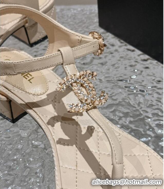 Buy Luxury Chanel Lambskin Heel Thong Sandals 4.5cm with Chain CC and Crystals Beige 322097