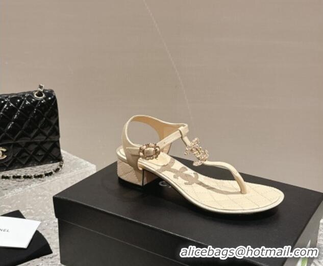 Buy Luxury Chanel Lambskin Heel Thong Sandals 4.5cm with Chain CC and Crystals Beige 322097