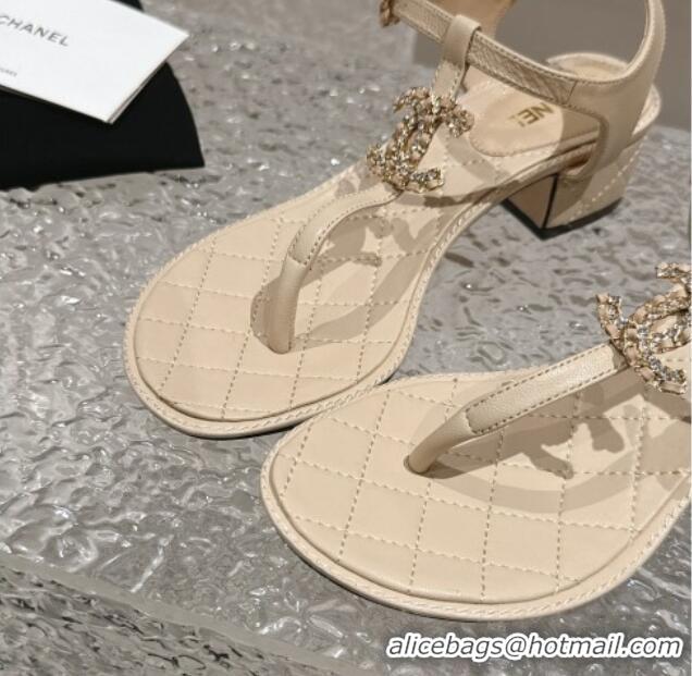 Buy Luxury Chanel Lambskin Heel Thong Sandals 4.5cm with Chain CC and Crystals Beige 322097