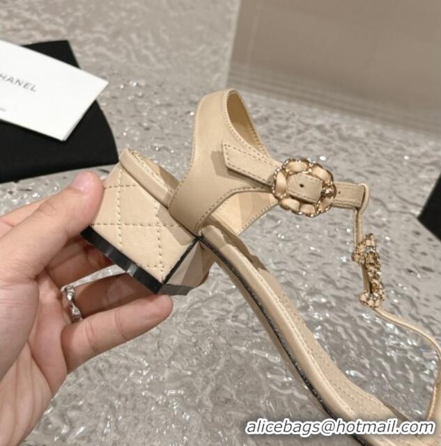 Buy Luxury Chanel Lambskin Heel Thong Sandals 4.5cm with Chain CC and Crystals Beige 322097