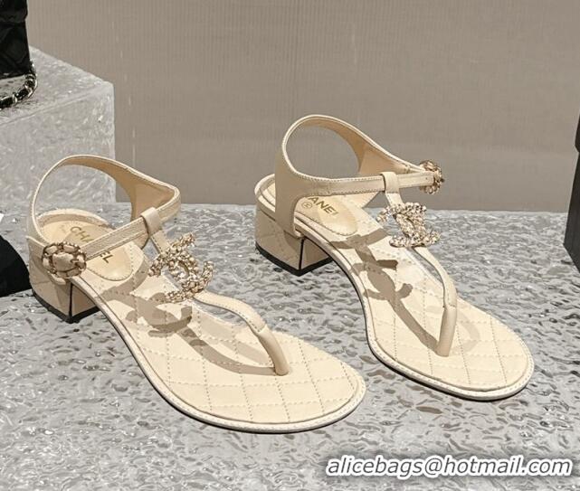 Buy Luxury Chanel Lambskin Heel Thong Sandals 4.5cm with Chain CC and Crystals Beige 322097