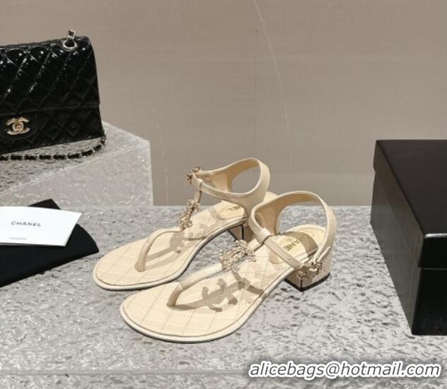 Buy Luxury Chanel Lambskin Heel Thong Sandals 4.5cm with Chain CC and Crystals Beige 322097