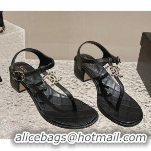 Stylish Chanel Lambskin Heel Thong Sandals 4.5cm with Chain CC and Crystals Black 322098