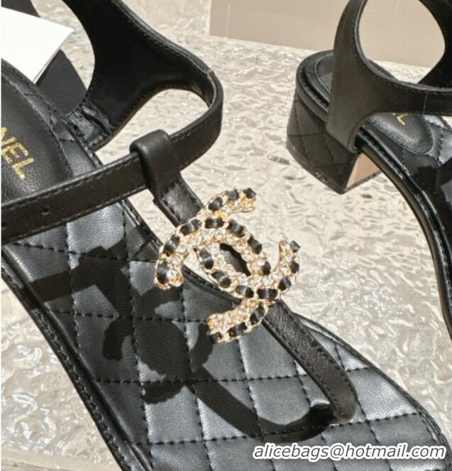 Stylish Chanel Lambskin Heel Thong Sandals 4.5cm with Chain CC and Crystals Black 322098