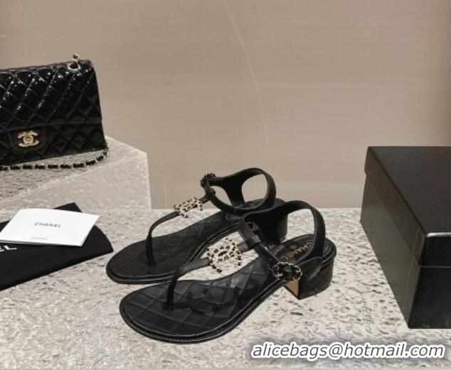 Stylish Chanel Lambskin Heel Thong Sandals 4.5cm with Chain CC and Crystals Black 322098