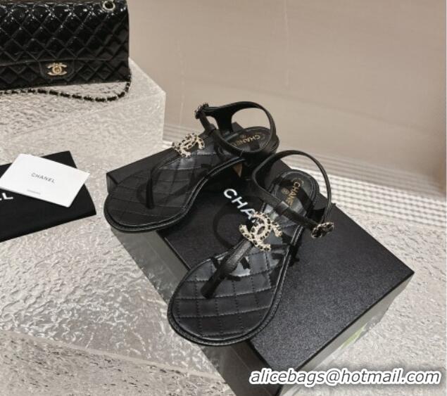 Stylish Chanel Lambskin Heel Thong Sandals 4.5cm with Chain CC and Crystals Black 322098