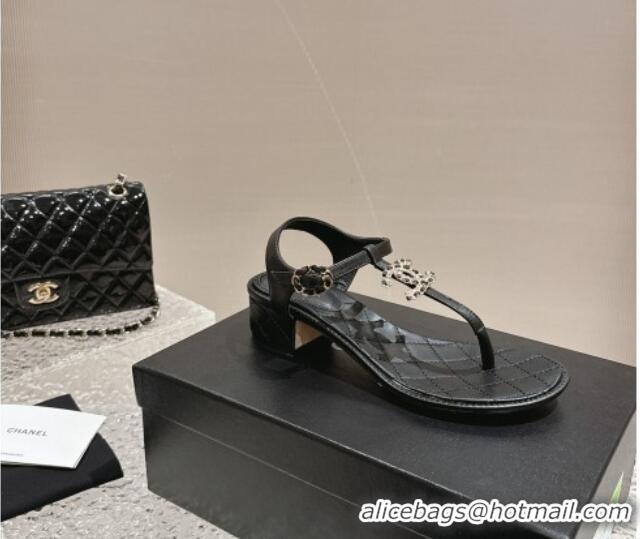 Stylish Chanel Lambskin Heel Thong Sandals 4.5cm with Chain CC and Crystals Black 322098