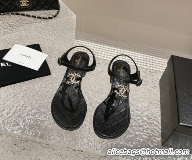 Stylish Chanel Lambskin Heel Thong Sandals 4.5cm with Chain CC and Crystals Black 322098