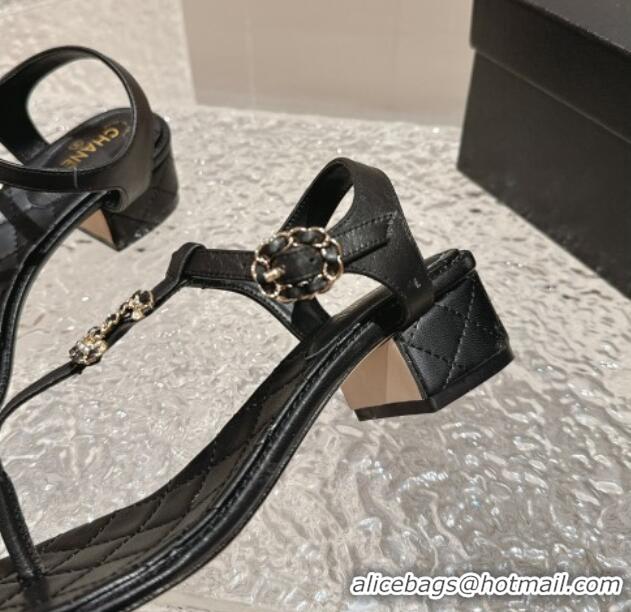 Stylish Chanel Lambskin Heel Thong Sandals 4.5cm with Chain CC and Crystals Black 322098