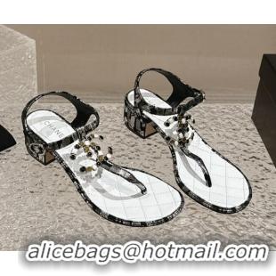 Classic Hot Chanel Suede and Laminated Heel Thong Sandals 4.5cm with Stone CC Black 322099