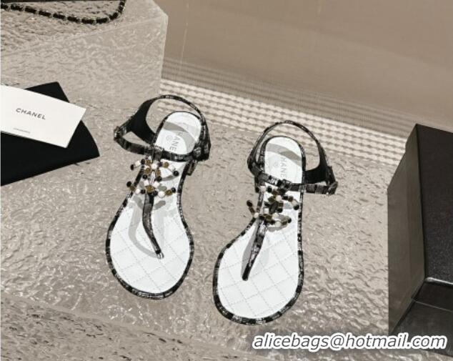 Classic Hot Chanel Suede and Laminated Heel Thong Sandals 4.5cm with Stone CC Black 322099