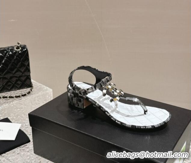 Classic Hot Chanel Suede and Laminated Heel Thong Sandals 4.5cm with Stone CC Black 322099