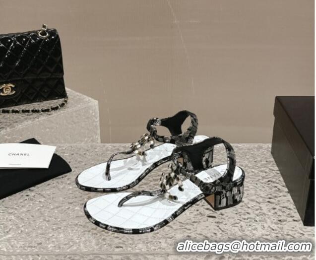 Classic Hot Chanel Suede and Laminated Heel Thong Sandals 4.5cm with Stone CC Black 322099