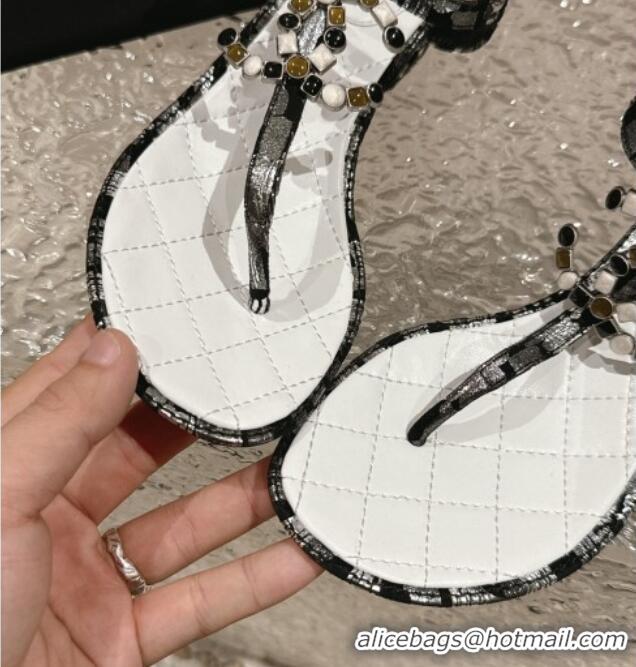 Classic Hot Chanel Suede and Laminated Heel Thong Sandals 4.5cm with Stone CC Black 322099