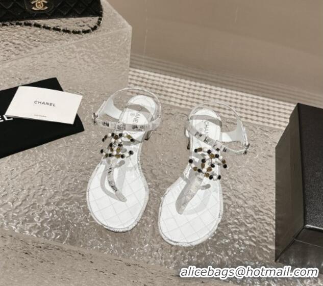 Durable Chanel Suede and Laminated Heel Thong Sandals 4.5cm with Stone CC White 322101