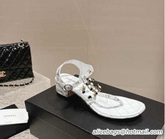 Durable Chanel Suede and Laminated Heel Thong Sandals 4.5cm with Stone CC White 322101