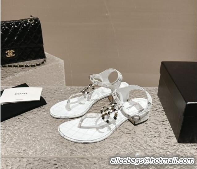 Durable Chanel Suede and Laminated Heel Thong Sandals 4.5cm with Stone CC White 322101