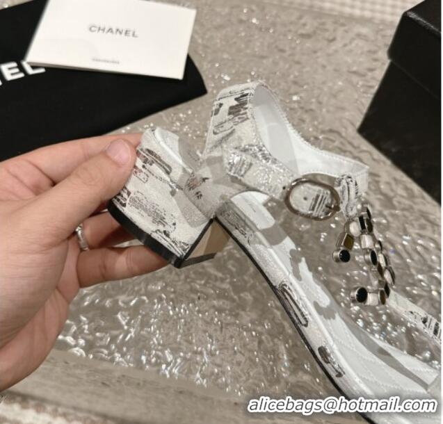 Durable Chanel Suede and Laminated Heel Thong Sandals 4.5cm with Stone CC White 322101