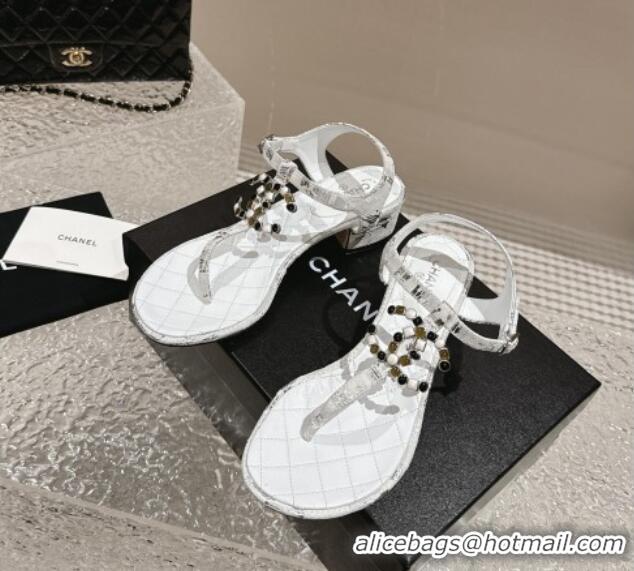 Durable Chanel Suede and Laminated Heel Thong Sandals 4.5cm with Stone CC White 322101