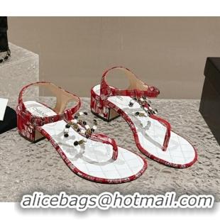 Pretty Style Chanel Suede and Laminated Heel Thong Sandals 4.5cm with Stone CC Red 322100