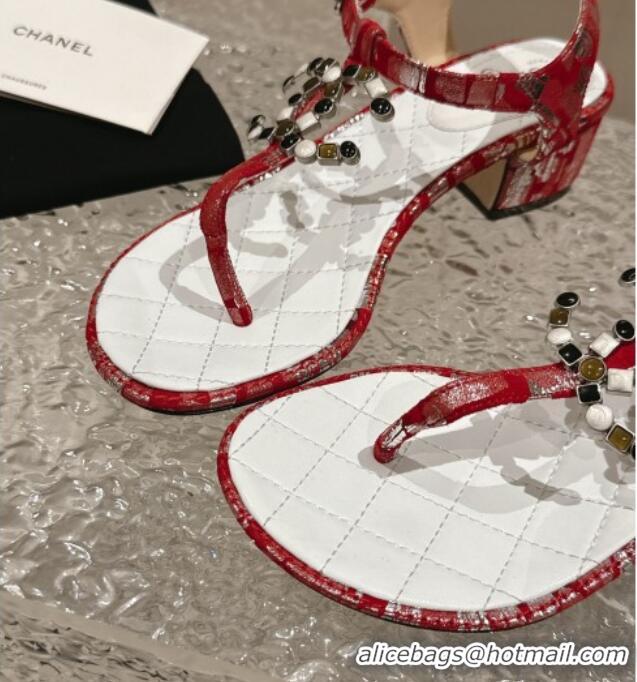 Pretty Style Chanel Suede and Laminated Heel Thong Sandals 4.5cm with Stone CC Red 322100