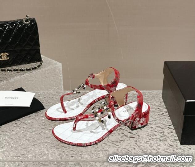 Pretty Style Chanel Suede and Laminated Heel Thong Sandals 4.5cm with Stone CC Red 322100