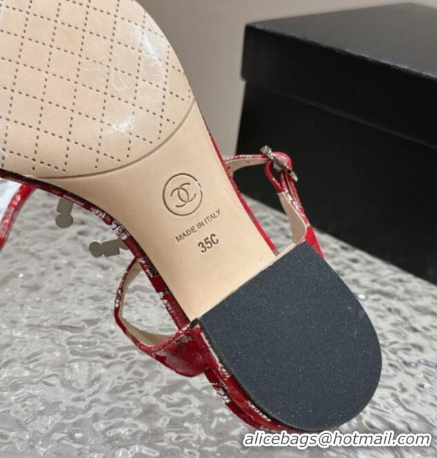 Pretty Style Chanel Suede and Laminated Heel Thong Sandals 4.5cm with Stone CC Red 322100