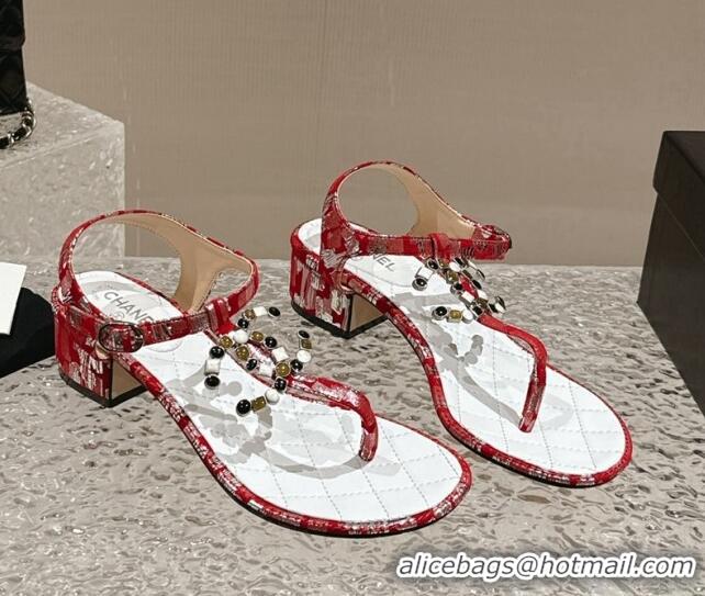 Pretty Style Chanel Suede and Laminated Heel Thong Sandals 4.5cm with Stone CC Red 322100