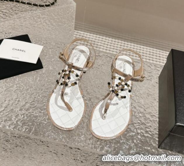 Unique Style Chanel Suede and Laminated Heel Thong Sandals 4.5cm with Stone CC Beige 0322102