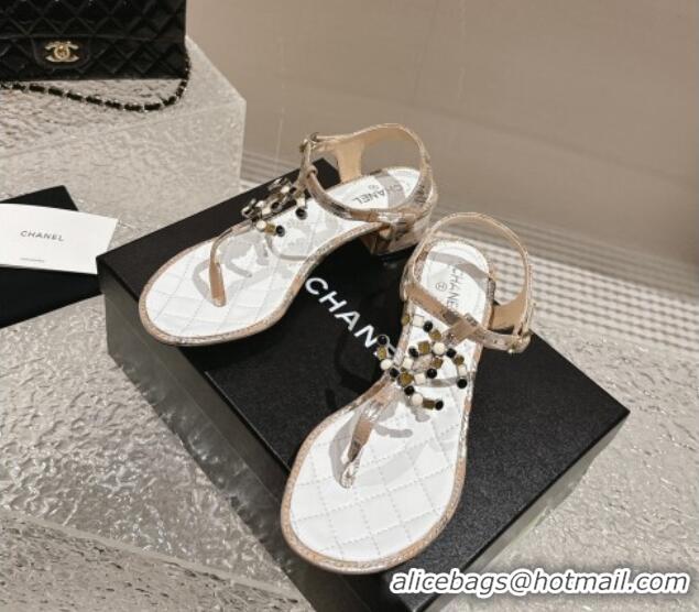 Unique Style Chanel Suede and Laminated Heel Thong Sandals 4.5cm with Stone CC Beige 0322102