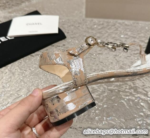 Unique Style Chanel Suede and Laminated Heel Thong Sandals 4.5cm with Stone CC Beige 0322102