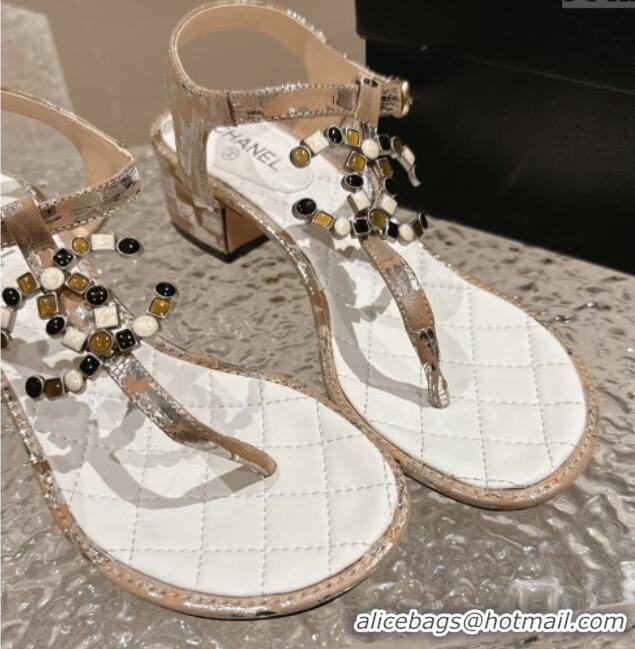 Unique Style Chanel Suede and Laminated Heel Thong Sandals 4.5cm with Stone CC Beige 0322102