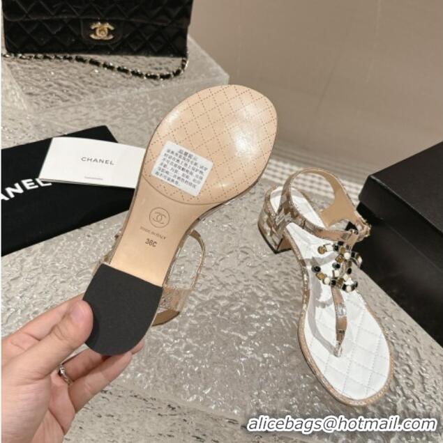 Unique Style Chanel Suede and Laminated Heel Thong Sandals 4.5cm with Stone CC Beige 0322102