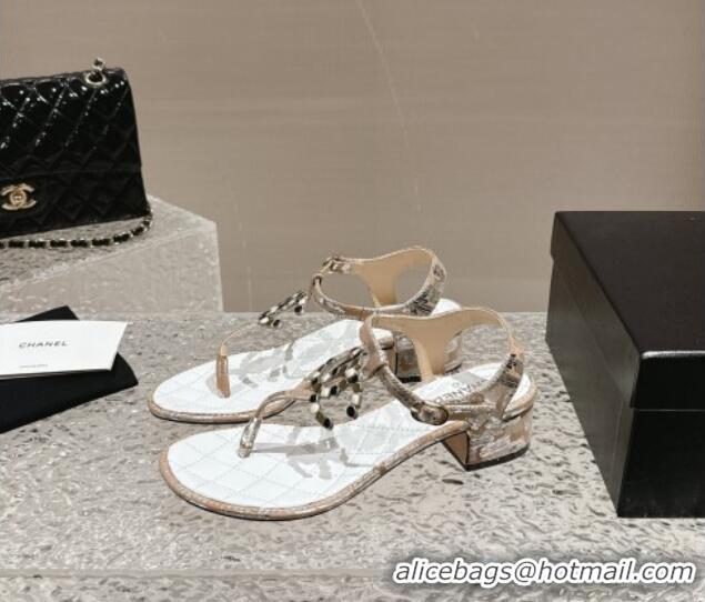 Unique Style Chanel Suede and Laminated Heel Thong Sandals 4.5cm with Stone CC Beige 0322102