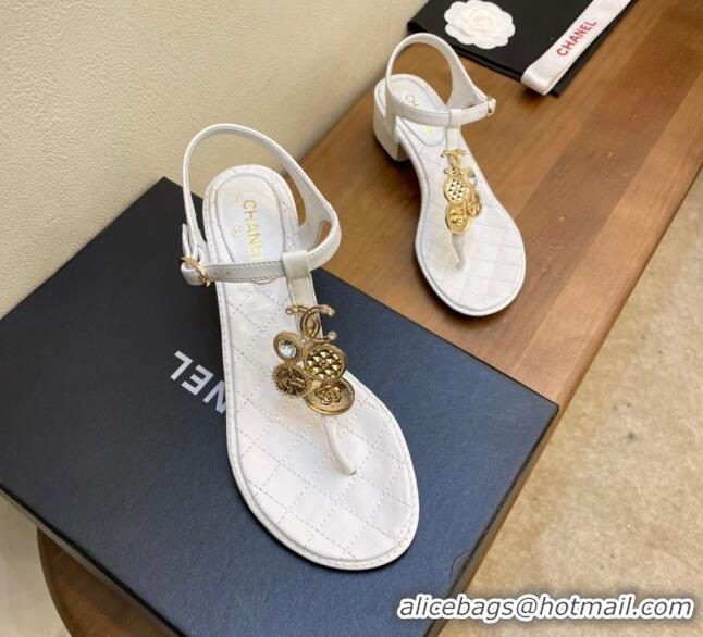 Best Product Chanel Lambskin Heel Thong Sandals 4cm with Coin Charm White 322103