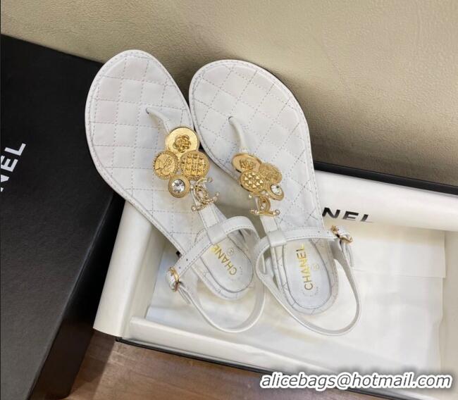 Best Product Chanel Lambskin Heel Thong Sandals 4cm with Coin Charm White 322103