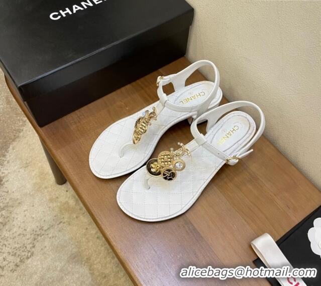 Best Product Chanel Lambskin Heel Thong Sandals 4cm with Coin Charm White 322103