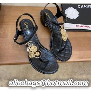 Luxurious Chanel Lambskin Heel Thong Sandals 4cm with Coin Charm Black 0322104